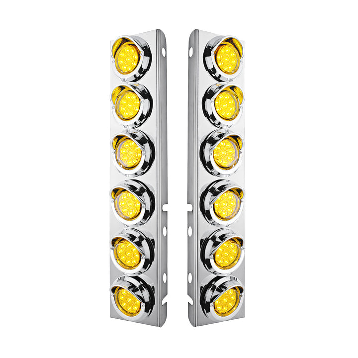 Stainless Steel Front Air Cleaner Bracket With 12 x 9 LED 2" Reflector Lights &amp; Visors For Peterbilt - Amber LED &amp; Lens