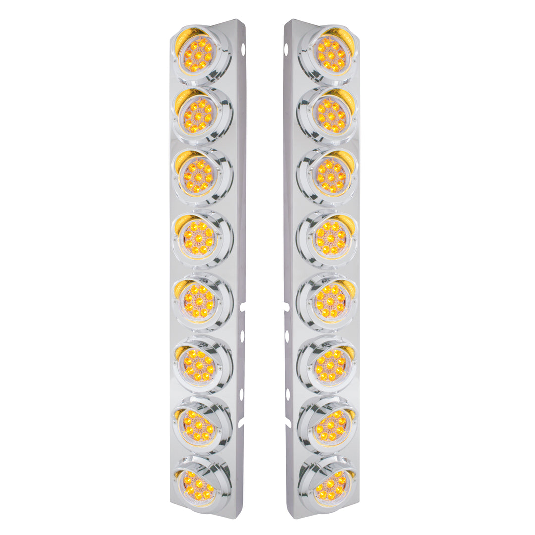 Stainless Steel Front Air Cleaner Bracket With 16 x 9 LED 2" Reflector Lights &amp; Visors For Peterbilt - Amber LED/Clear Lens