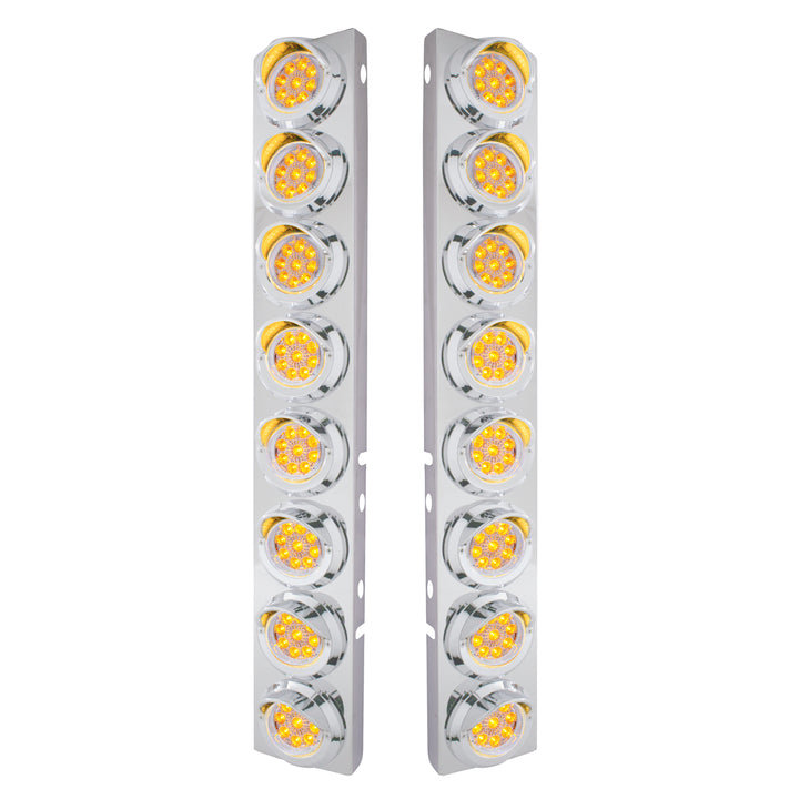 Stainless Steel Front Air Cleaner Bracket With 16 x 9 LED 2" Reflector Lights &amp; Visors For Peterbilt - Amber LED/Clear Lens