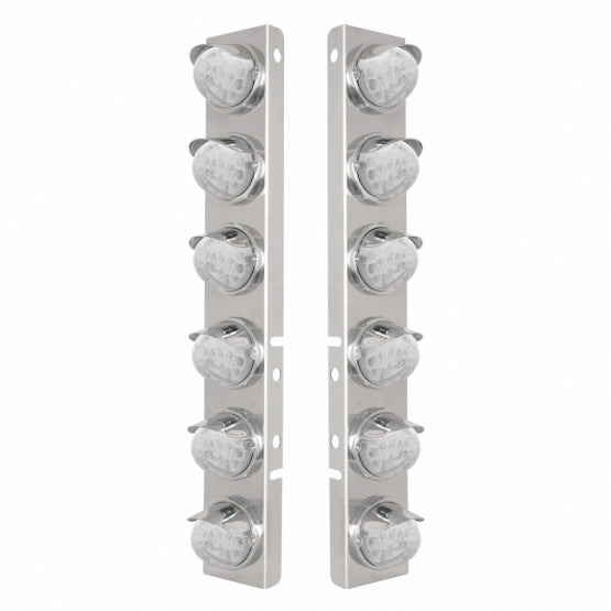 Stainless Steel Front Air Cleaner Bracket With 12 x 17 Amber LED Reflector Watermelon Lights &amp; Stainless Steel Visors For Peterbilt - Clear Lens