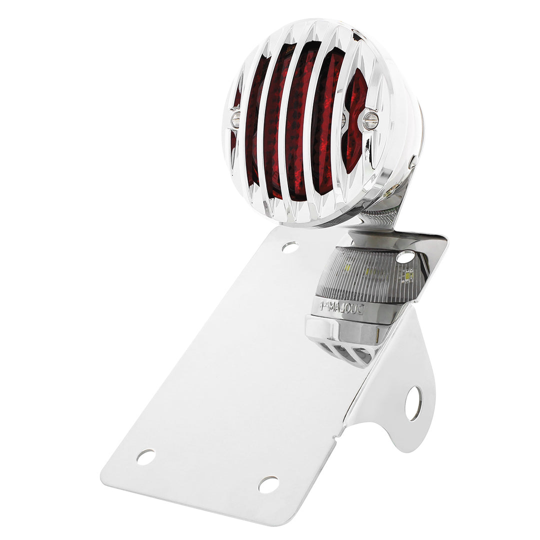 Motorcycle LED "Bobber" Style Vertical Tail Light With Chrome Grille Bezel - Red Lens