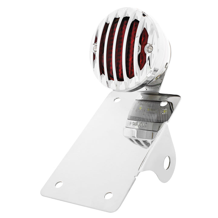 Motorcycle LED "Bobber" Style Vertical Tail Light With Chrome Grille Bezel - Red Lens
