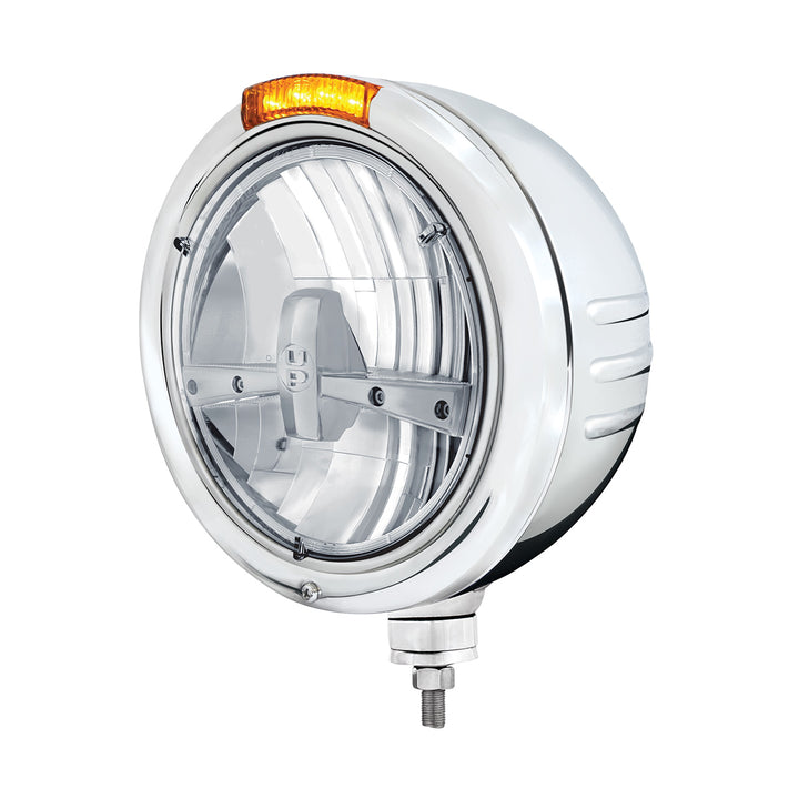 Stainless Steel Classic Embossed Stripe Headlight 5 LED Bulb &amp; Dual Mode LED Signal - Amber Lens