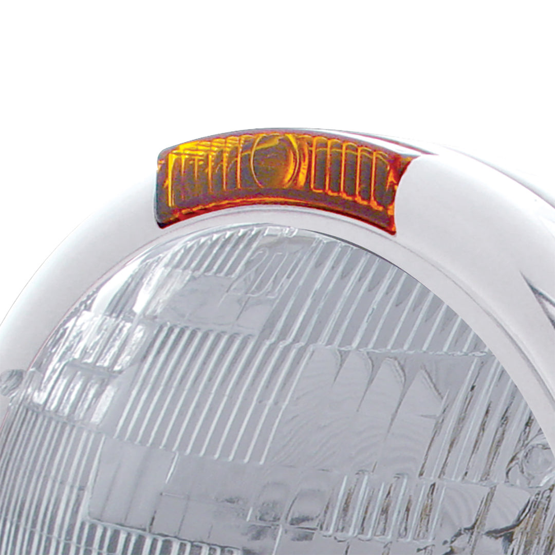 Stainless Steel "Classic" Headlight H6024 Bulb &amp; Turn Signal - Amber Lens