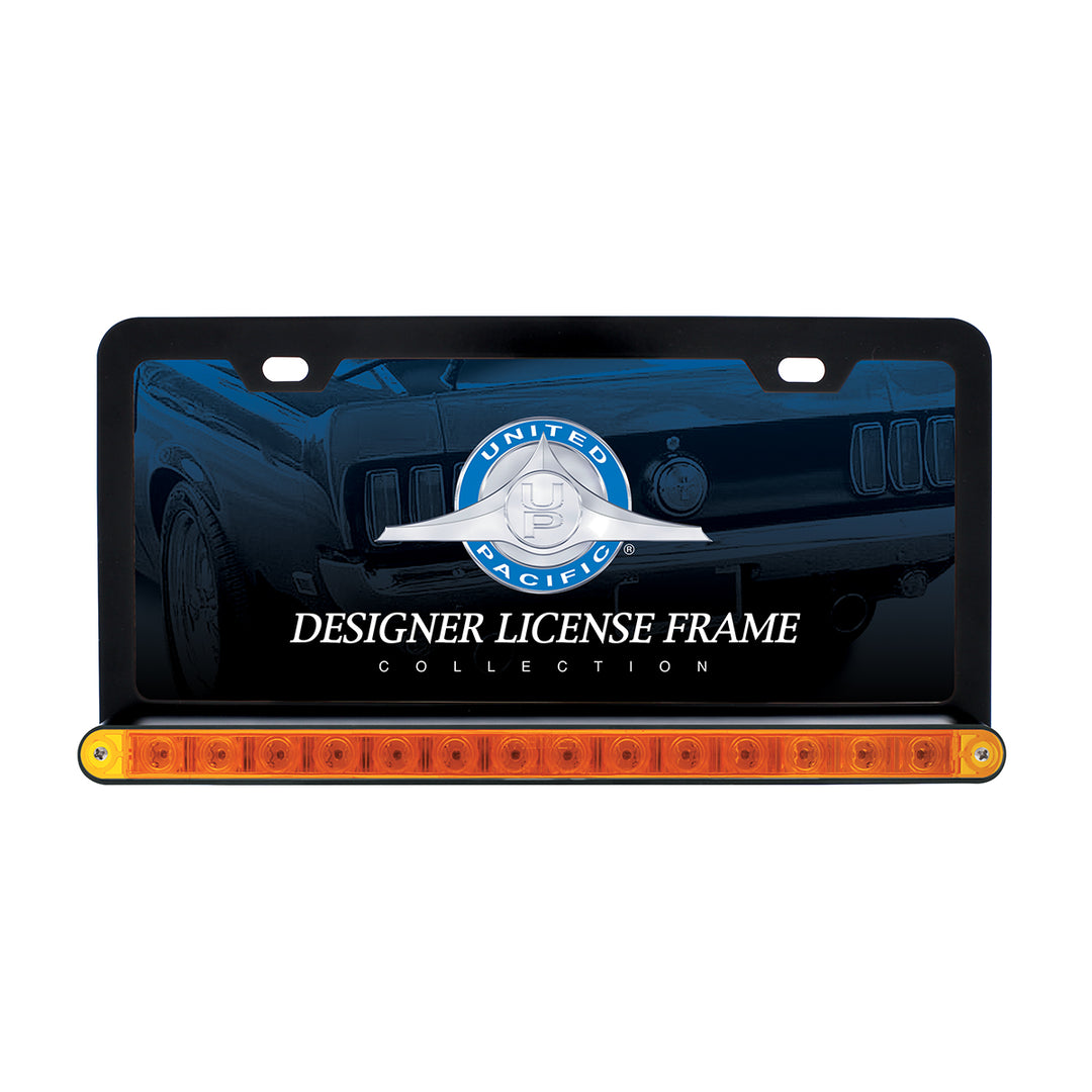 Black License Plate Frame With 14 LED 12" Light Bar - Amber LED/Amber Lens