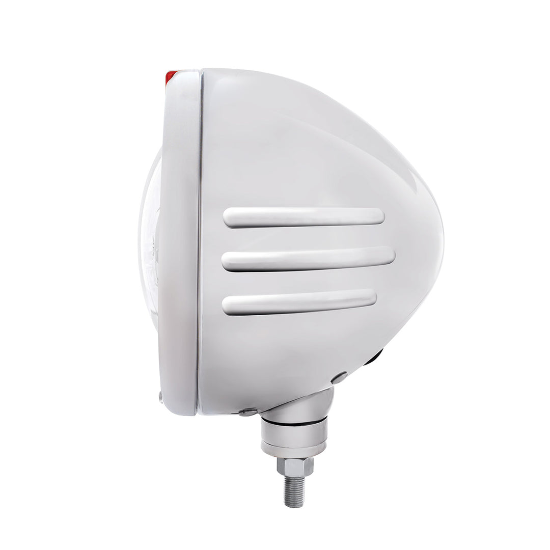 Stainless Steel Classic Embossed Stripe Headlight 5 LED Bulb &amp; Dual Mode LED Signal - Amber Lens