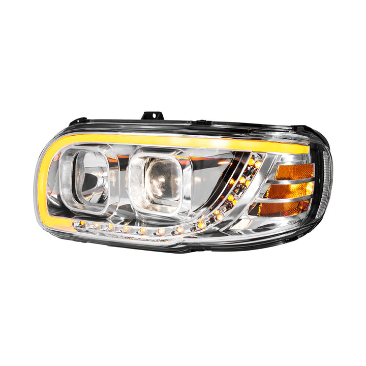Chrome Projection Headlight With LED Turn Signal &amp; Light Bar For 2008-2024 Peterbilt 389 - Driver
