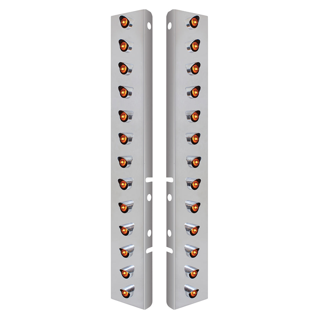 Stainless Steel Front Air Cleaner Bracket With 26 x 3 LED 3/4" Mini Lights &amp; Visors For Peterbilt - Amber LED &amp; Lens