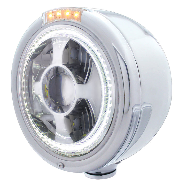 Stainless Steel Bullet Half Moon Headlight LED Projection Headlight &amp; LED Turn Signal - Clear Lens