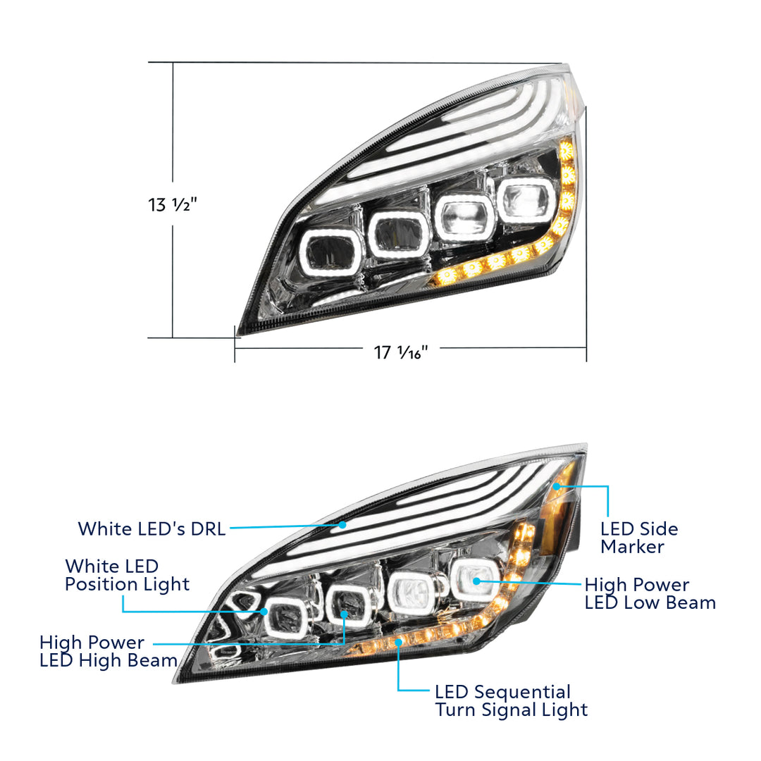 Chrome Quad - LED Headlight With LED DRL &amp; Seq. Signal For 2018-2024 Freightliner Cascadia - Driver