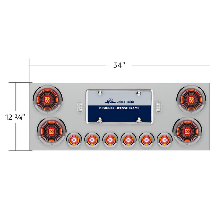 Stainless Steel Rear Center Panel With Four 13 LED 4" Abyss Light &amp; Six 4 LED 2" Lights &amp; Bezels - Red LED/Clear Lens