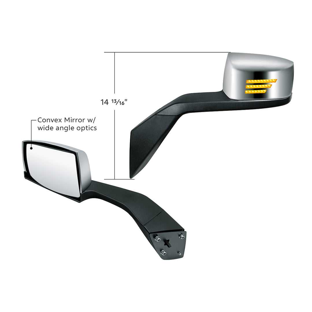 Chrome Hood Mirror Assembly With Sequential LED Turn Signal For 2004-2017 Volvo VNL - Driver
