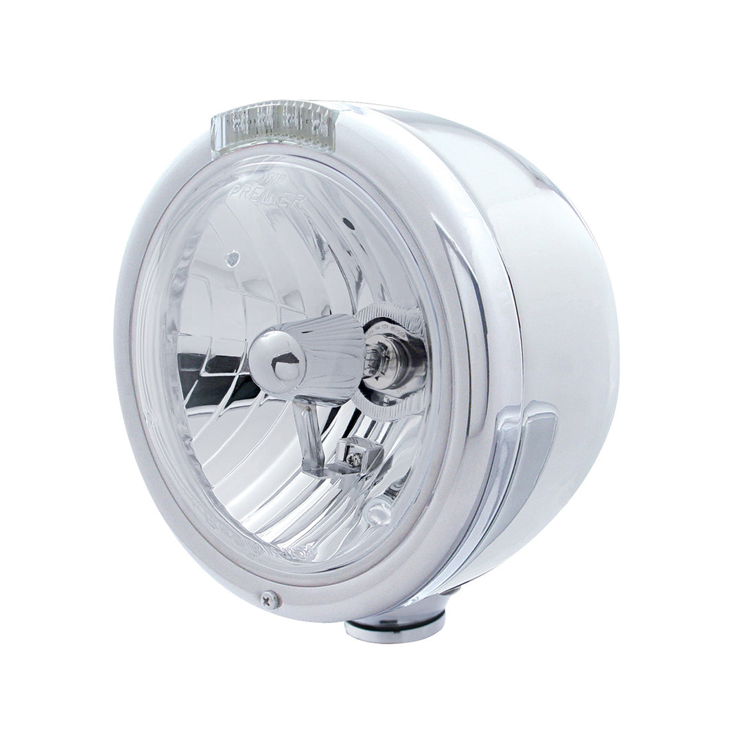 Stainless Steel Classic Half Moon Headlight Crystal H4 Bulb &amp; LED Turn Signal - Clear Lens