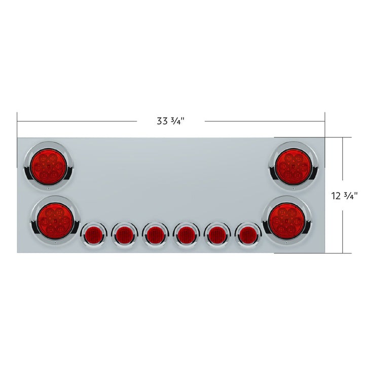 Stainless Steel Rear CP With 4 x 7 LED 4" Reflector Lights &amp; 6 x 9 LED 2" Lights &amp; Visors (No LP Holes) - Red LED &amp; Lens
