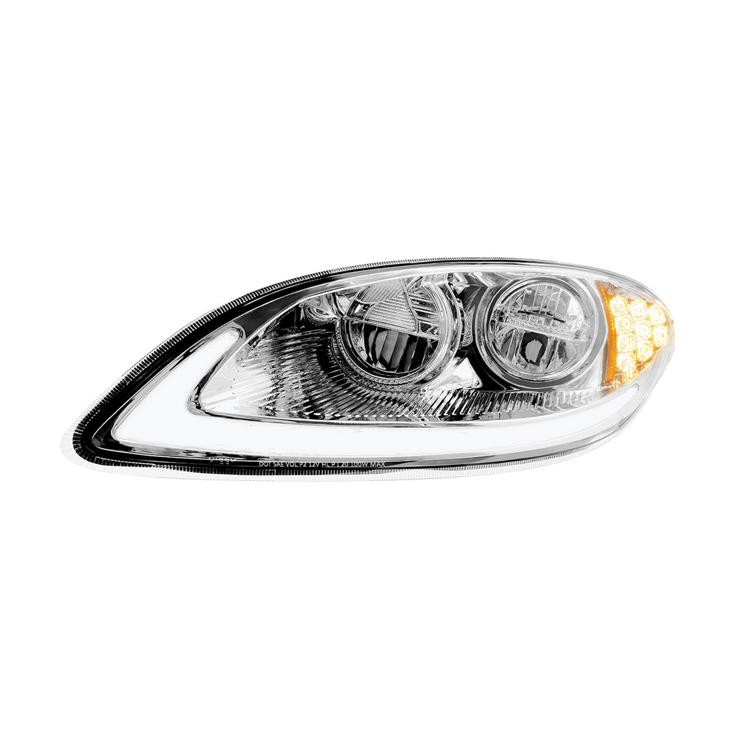 Chrome LED Headlight With LED Light Bar &amp; Turn Signal For 2006-2017 International Prostar - Driver