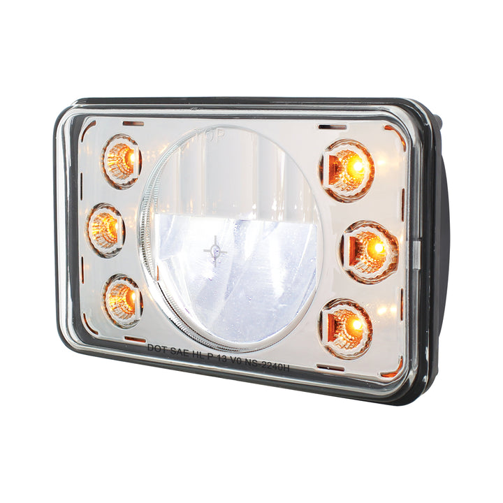 ULTRALIT - 4" x 6" LED Headlight With Dual Function 6 Amber LED Position Lights - High Beam