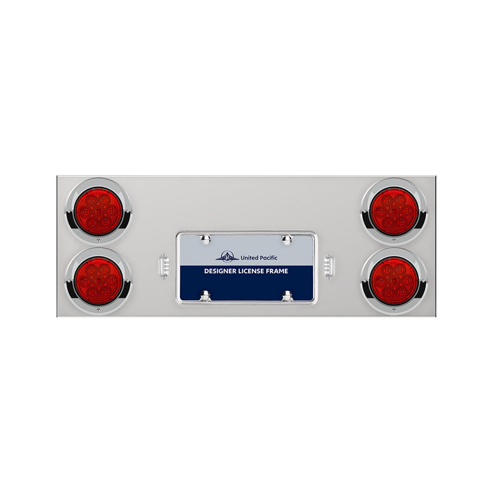33-3/4" Stainless Rear Center Panel With Four 7 LED 4" Reflector Lights &amp; Visors - Red LED/Red Lens