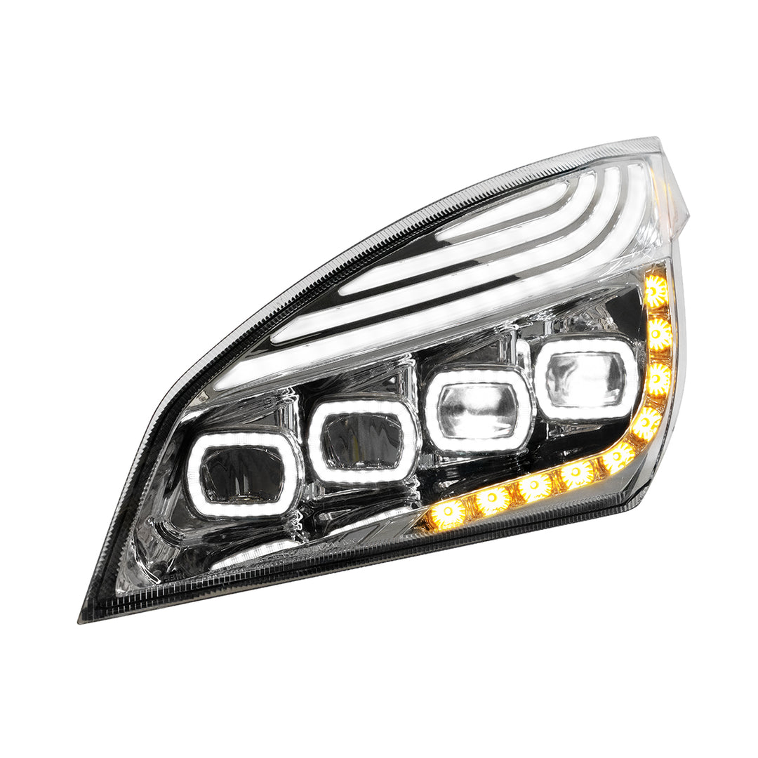 Chrome Quad - LED Headlight With LED DRL &amp; Seq. Signal For 2018-2024 Freightliner Cascadia - Driver