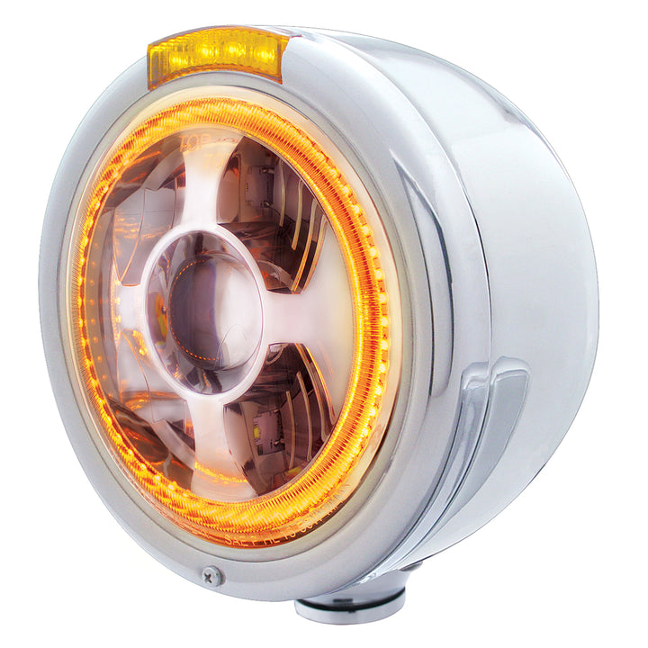 Stainless Steel Bullet Half Moon Headlight LED Projection Headlight &amp; LED Turn Signal - Amber Lens