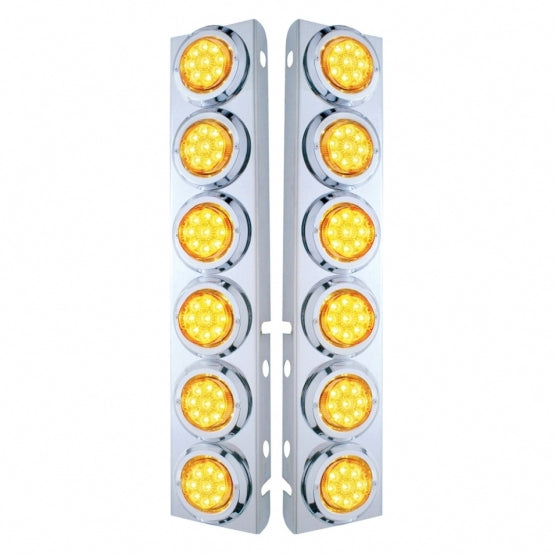 Stainless Steel Front Air Cleaner Bracket With 12 x 9 LED 2" Reflector Lights &amp; Bezels For Peterbilt - Amber LED &amp; Lens