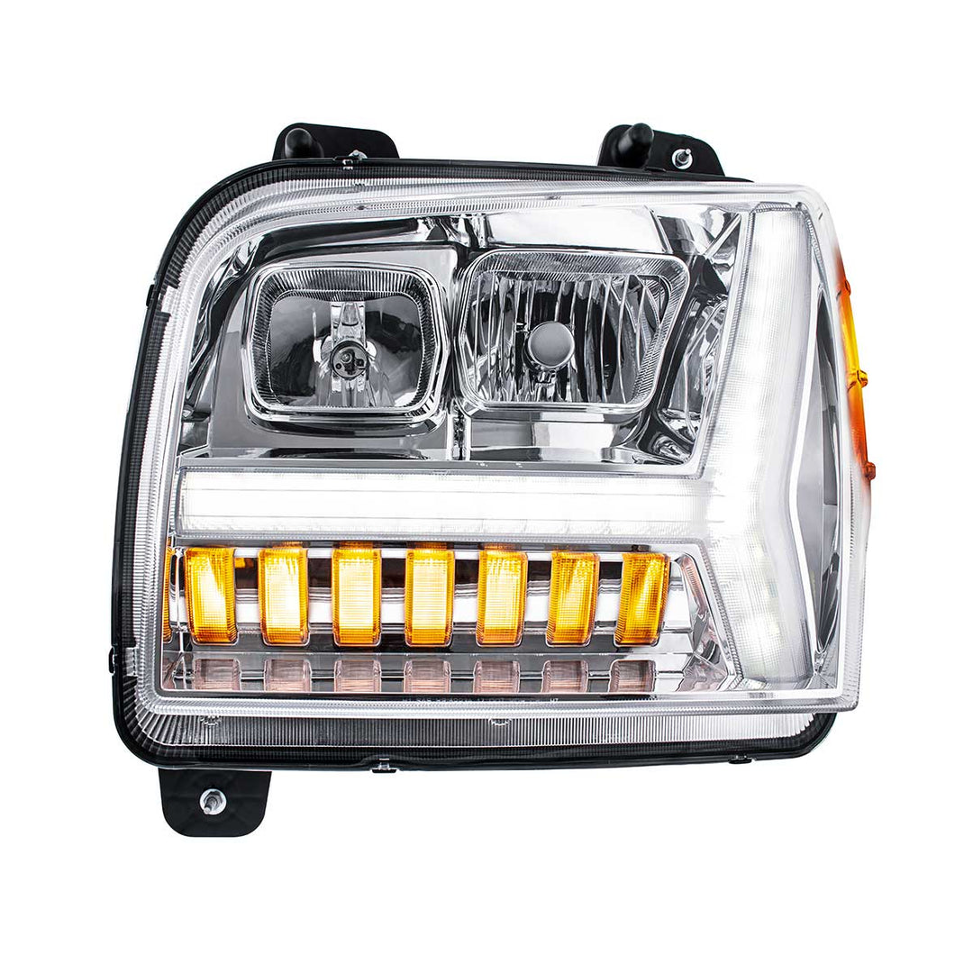 Chrome Headlight With LED DRL Light Bar &amp; Turn Signal For 2018-2024 Kenworth W990 - Driver