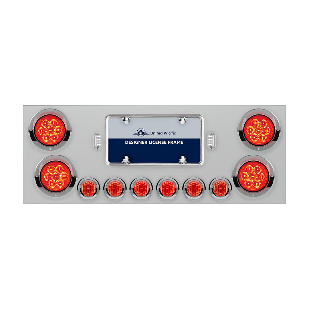 Stainless Steel Rear Center Panel With 4 x 7 LED 4" Reflector Lights &amp; 6 x 9 LED 2" Lights &amp; Visors - Red LED &amp; Lens