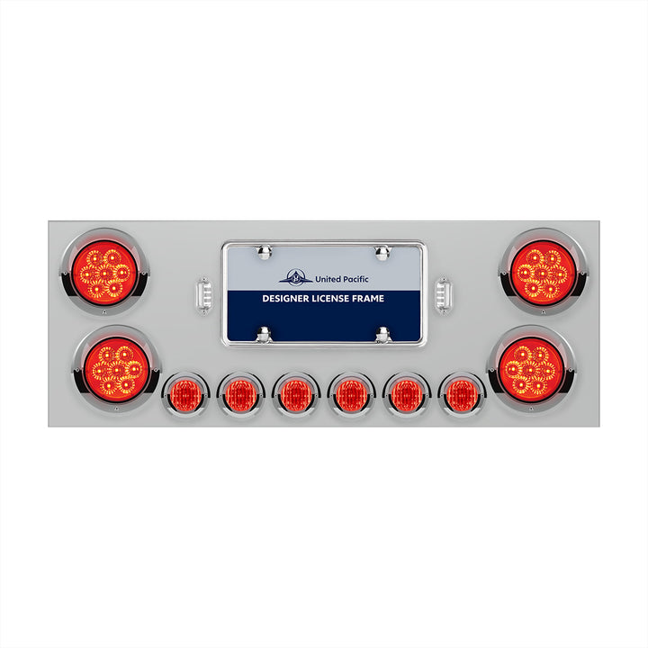Stainless Steel Rear Center Panel With 4 x 7 LED 4" Reflector Lights &amp; 6 x 9 LED 2" Lights &amp; Visors - Red LED &amp; Lens