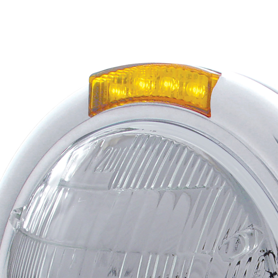 Stainless Steel Classic Headlight 6014 Bulb &amp; LED Turn Signal - Amber Lens