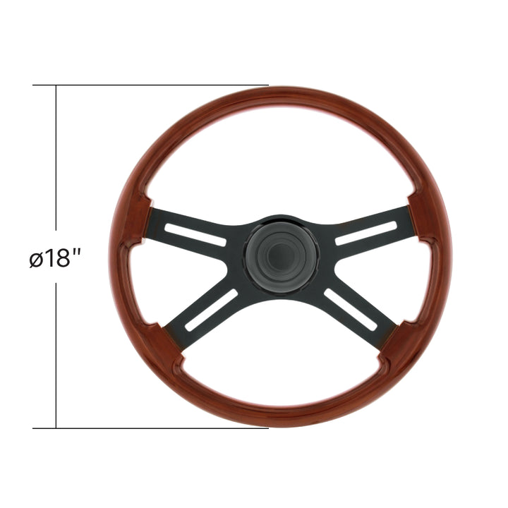 18" Matte Black 4 Spoke Steering Wheel With Horn Bezel &amp; Button - Wood Grain