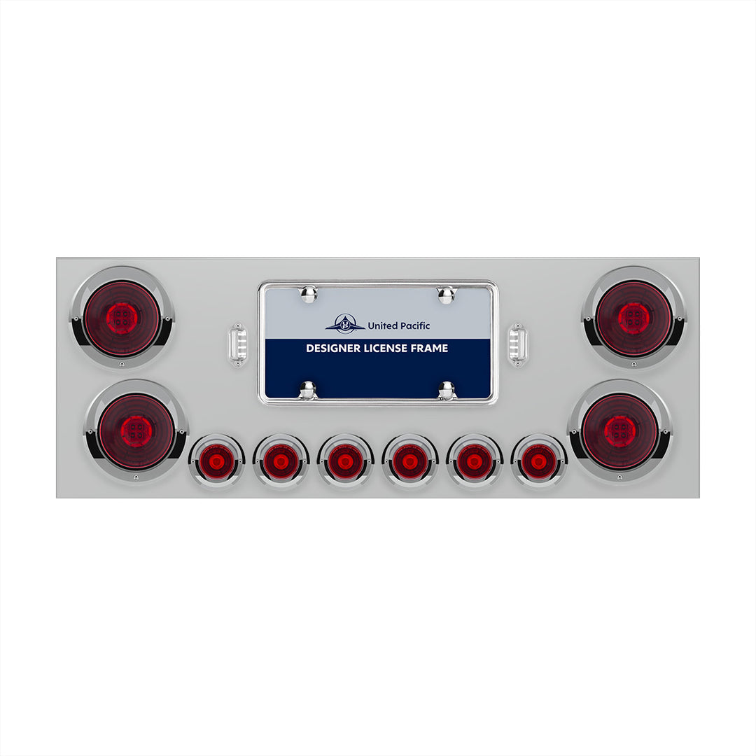 Stainless Steel Rear Center Panel With Four 13 LED 4" Abyss Light &amp; Six 4 LED 2" Lights &amp; Visors - Red LED/Red Lens