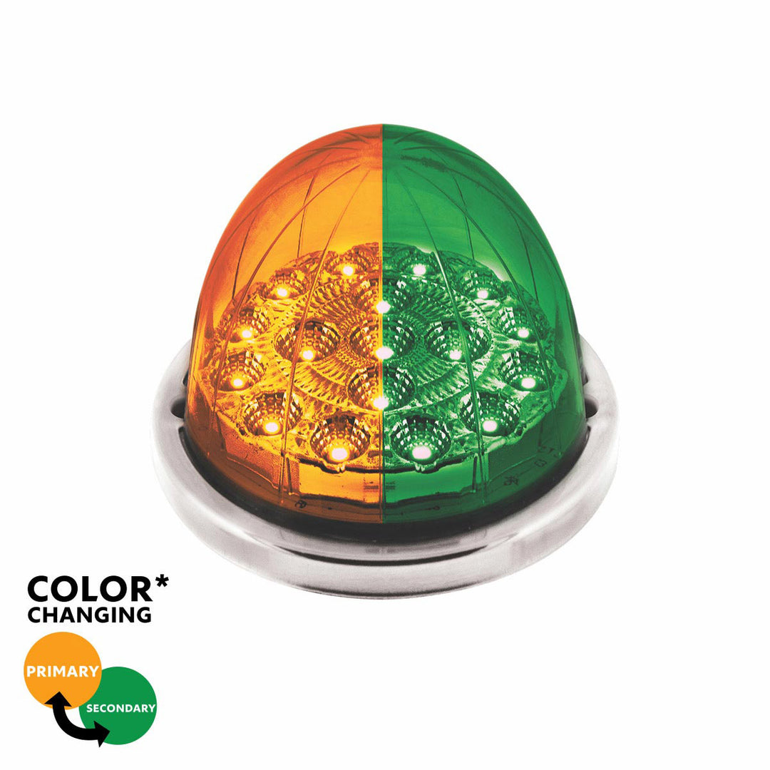 17 LED Watermelon Double Fury Light Flush Mount Kit With Low Profile Stainless Steel Bezel - Amber &amp; Green LED/Clear Lens