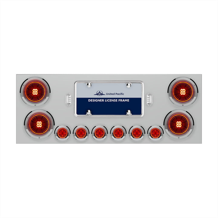 Stainless Steel Rear Center Panel With Four 13 LED 4" Abyss Light &amp; Six 4 LED 2" Lights &amp; Bezels - Red LED/Red Lens