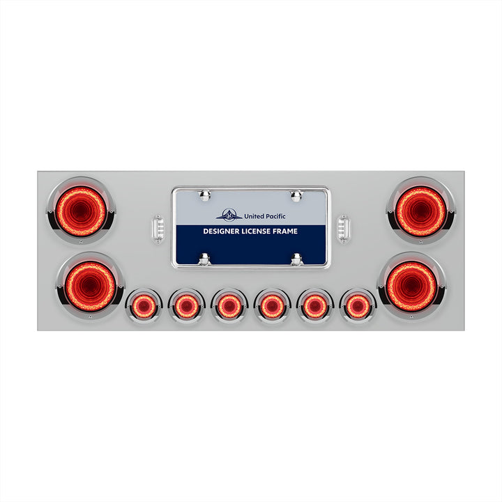 Stainless Steel Rear Center Panel With Four 23 LED 4" Lights &amp; Six 9 LED 2" Mirage Lights &amp; Visors - Red LED/Clear Lens