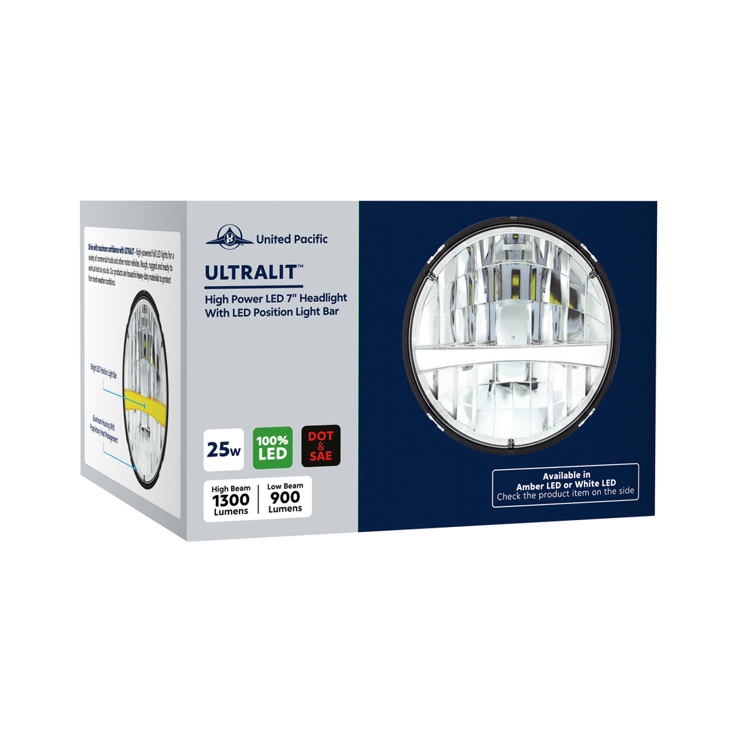 ULTRALIT - High Power LED 7" Headlight With Turn Signal &amp; Amber Position Light Bar