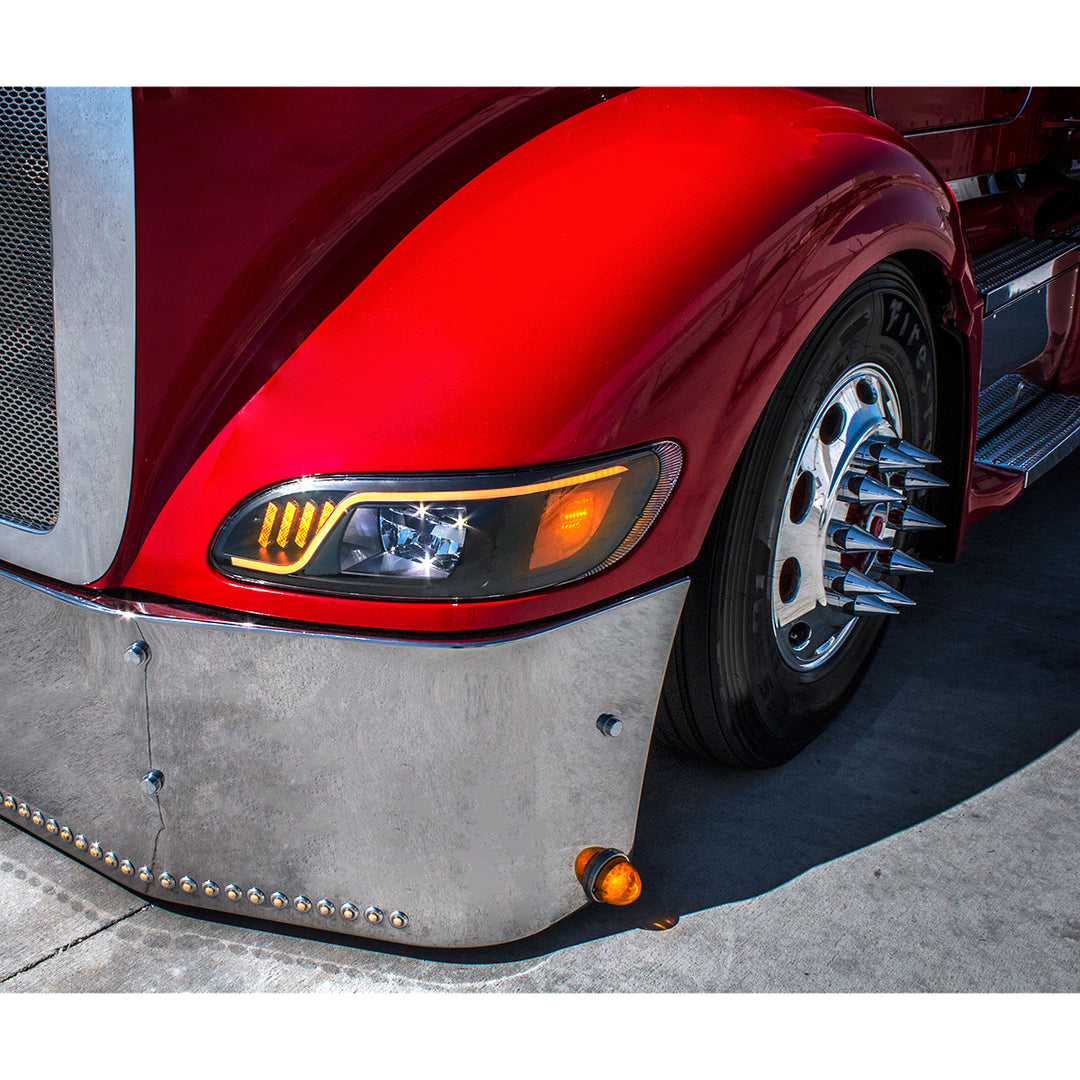 Black LED Headlight With LED Turn, Position, &amp; DRL For Peterbilt 386 (2005-2015) &amp; 387 (1999-2010) - Driver