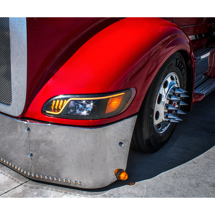 Black LED Headlight With LED Turn, Position, &amp; DRL For Peterbilt 386 (2005-2015) &amp; 387 (1999-2010) - Driver