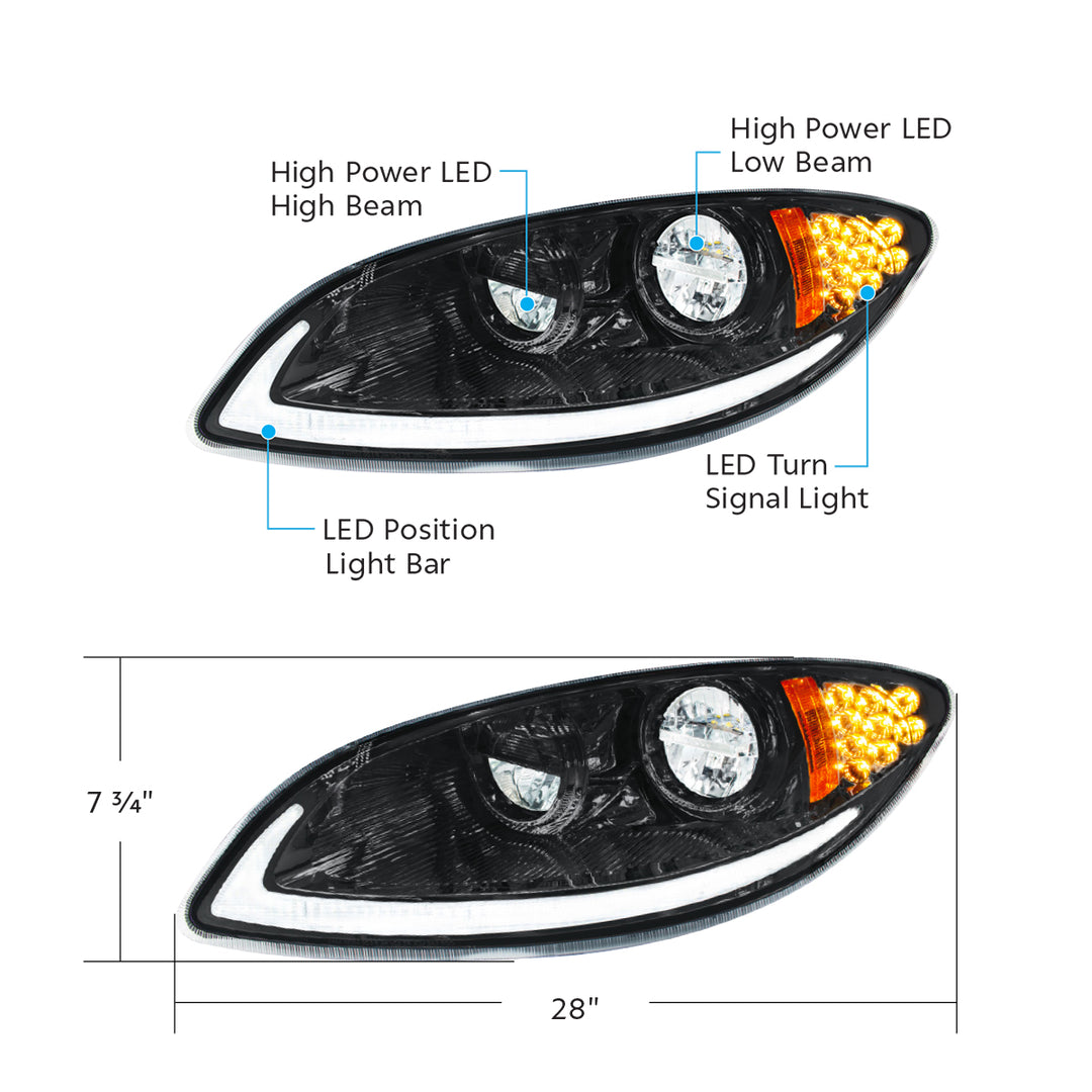 Blackout LED Headlight With LED Light Bar &amp; Turn Signal For 2006-2017 International Prostar - Driver