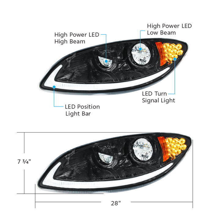 Blackout LED Headlight With LED Light Bar &amp; Turn Signal For 2006-2017 International Prostar - Driver