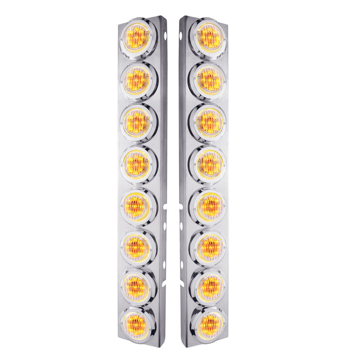 Stainless Steel Front Air Cleaner Bracket With 16 x 9 LED 2" Lights &amp; Bezels For Peterbilt - Amber LED/Clear Lens