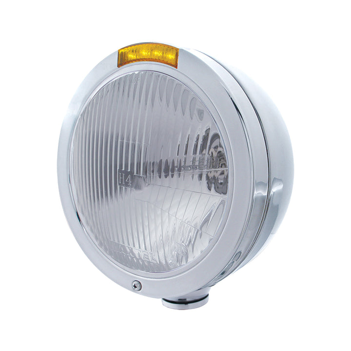Stainless Steel Bullet Classic Headlight H4 Bulb &amp; LED Turn Signal - Amber Lens