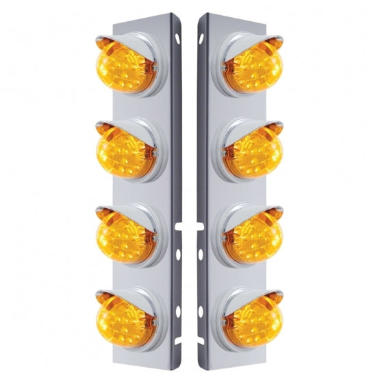 Stainless Steel Front Air Cleaner Bracket With 8 x 17 LED Reflector Lights &amp; Visors For Peterbilt - Amber LED &amp; Lens