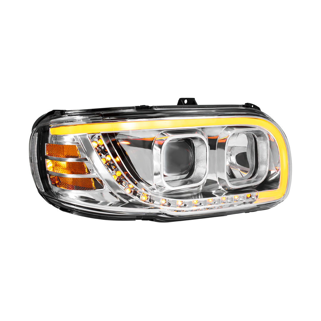 Chrome Projection Headlight With LED Turn Signal &amp; Light Bar For 2008-2024 Peterbilt 389 - Passenger