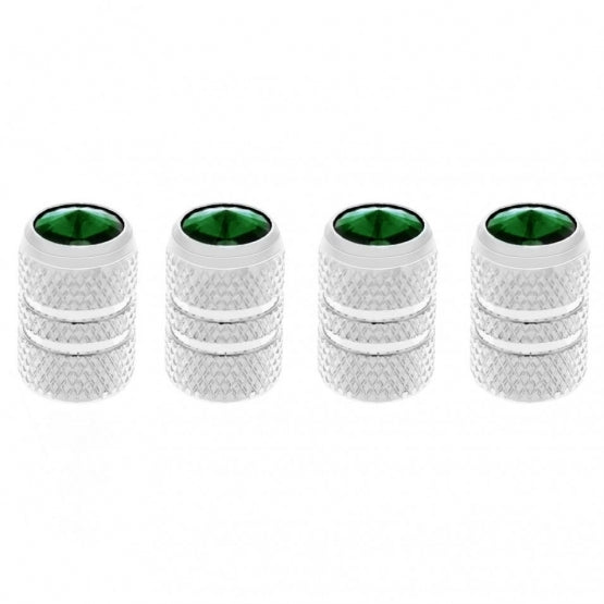 Chrome Tubular Valve Caps With Green Crystal (Set of 4)