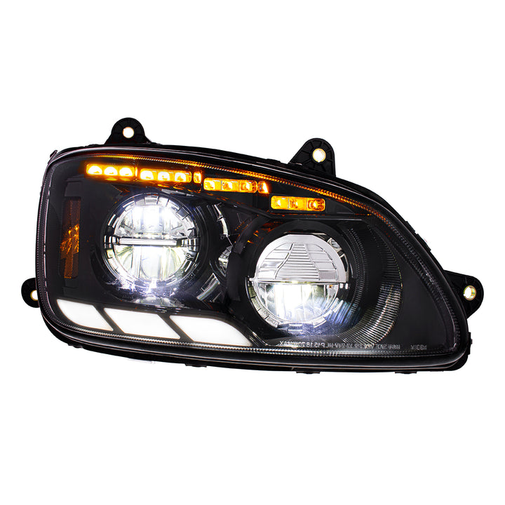 Black LED Headlight With Sequential Turn Signal &amp; Position Light Bars For 2008-17 Kenworth T660 - Passenger