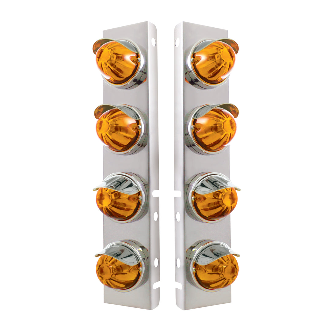 Stainless Steel Front Air Cleaner Bracket With 8X Glass Watermelon Lights &amp; Stainless Steel Visors For Peterbilt - Amber Lens