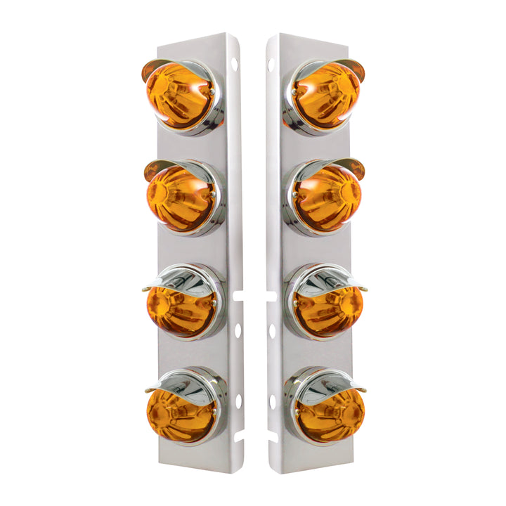 Stainless Steel Front Air Cleaner Bracket With 8X Glass Watermelon Lights &amp; Stainless Steel Visors For Peterbilt - Amber Lens