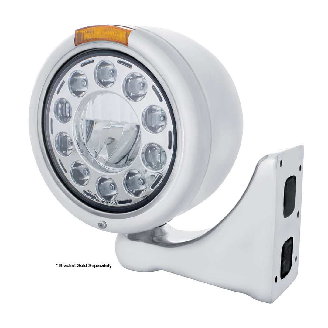 Stainless Classic Half Moon Headlight 11 LED Bulb &amp; LED Signal - Amber Lens