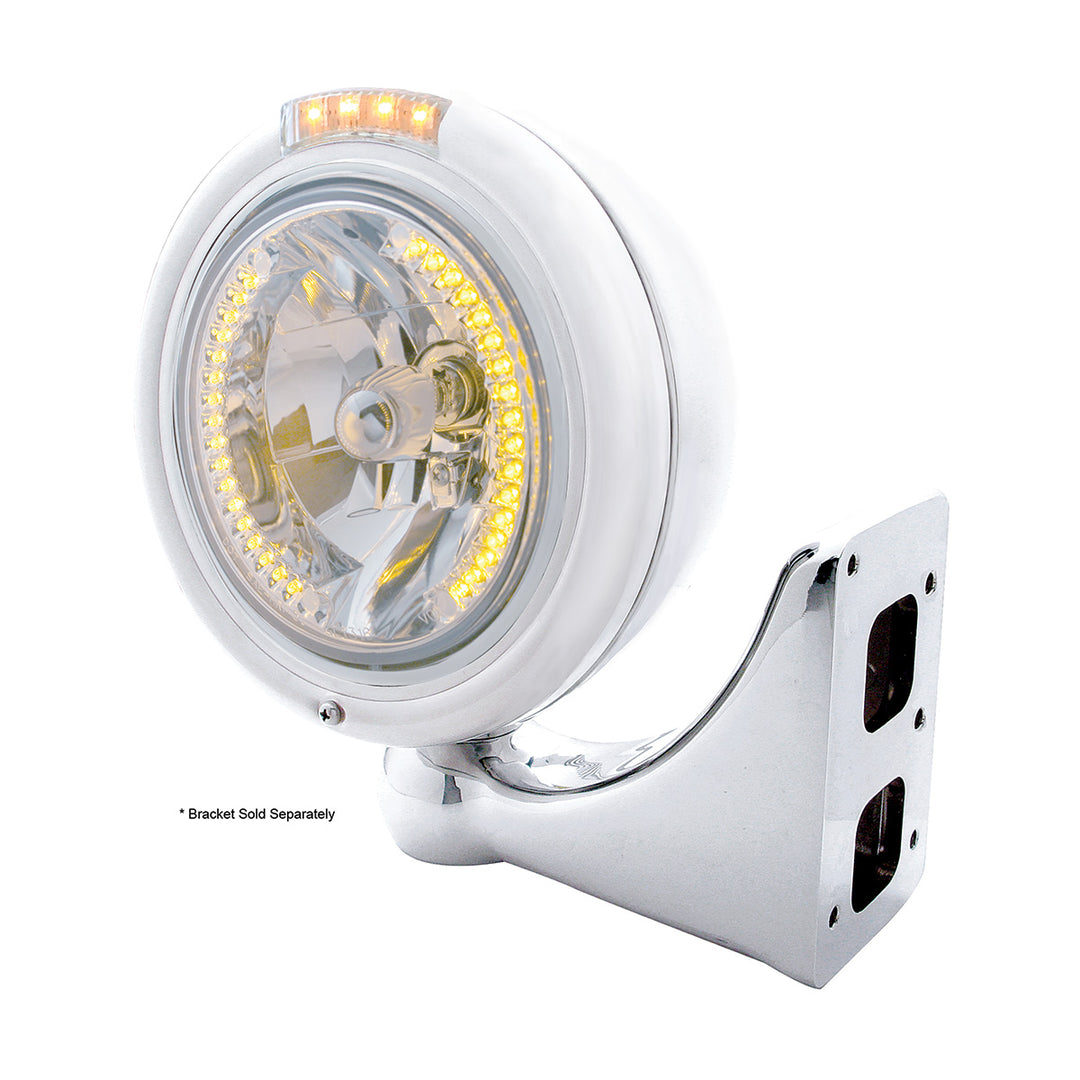 Stainless Steel Classic Headlight H4 With 34 Amber LED &amp; Dual Mode LED Signal - Clear Lens