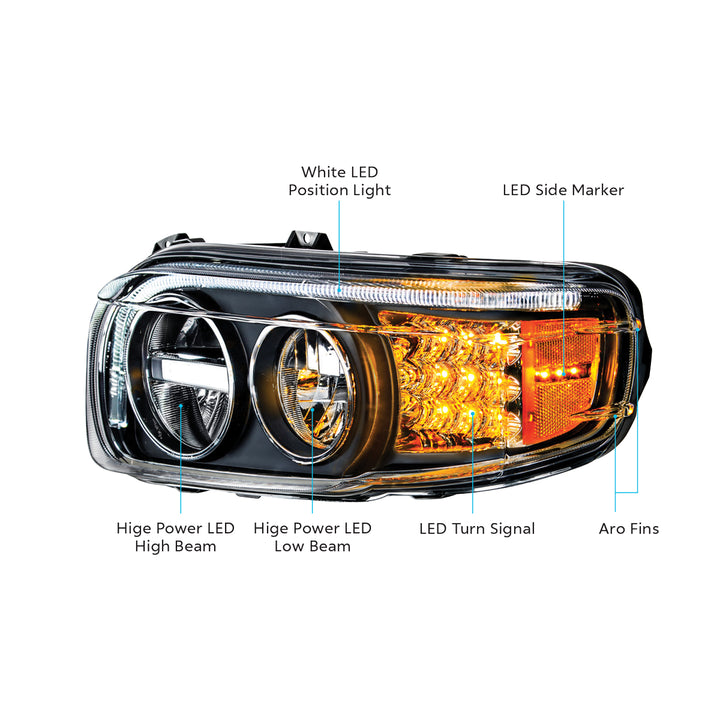 Blackout LED Headlight With LED Turn &amp; Position Light Bar For 2008-2023 Peterbilt 389 - Driver