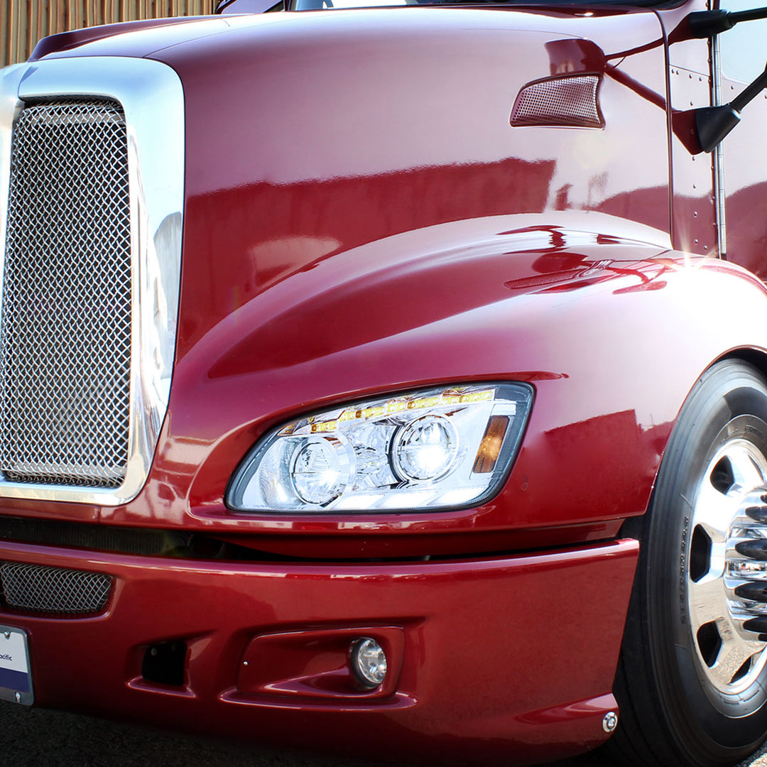 Chrome LED Headlight With Sequential Turn Signal &amp; Position Light Bars For 2008-17 Kenworth T660 - Driver
